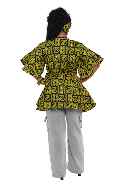 Woman wearing African print wrap top with 3/4 sleeves double layered – cotton, one size,  – Ankara inspired