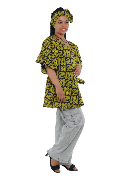 Woman wearing African print wrap top with 3/4 sleeves double layered – cotton, one size,  – Ankara inspired