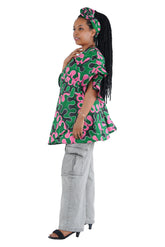 Woman wearing African print wrap top with 3/4 sleeves double layered – cotton, one size,  – Ankara inspired