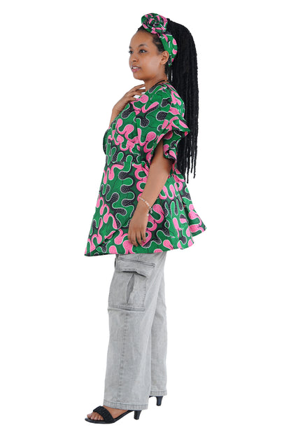 Woman wearing African print wrap top with 3/4 sleeves double layered – cotton, one size,  – Ankara inspired