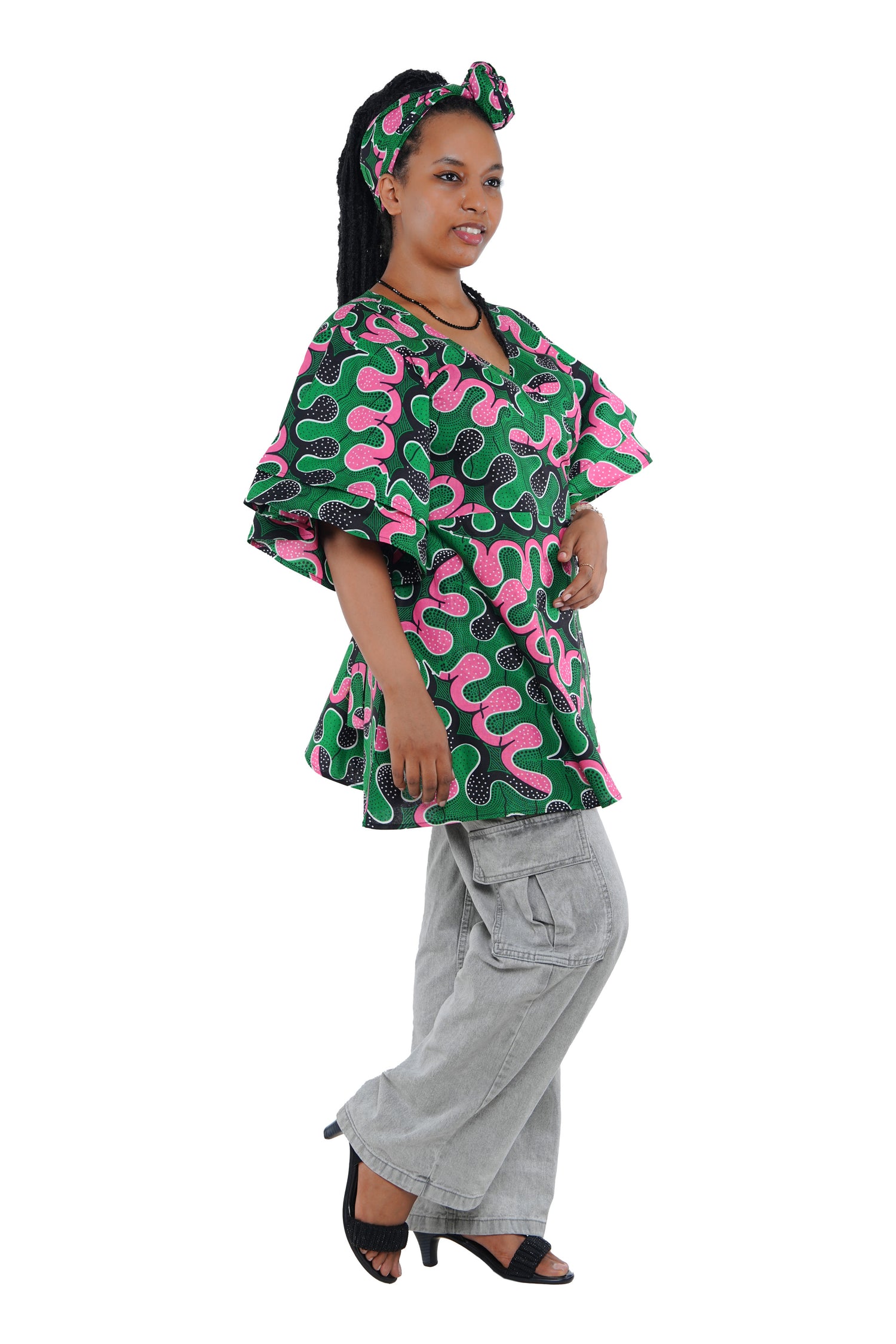African Wrap Top, Double Layer 3/4 Sleeve | One Size, Cotton, – Ships Today