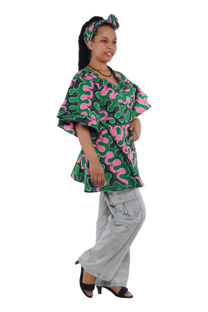 African Wrap Top, Double Layer 3/4 Sleeve | One Size, Cotton, – Ships Today