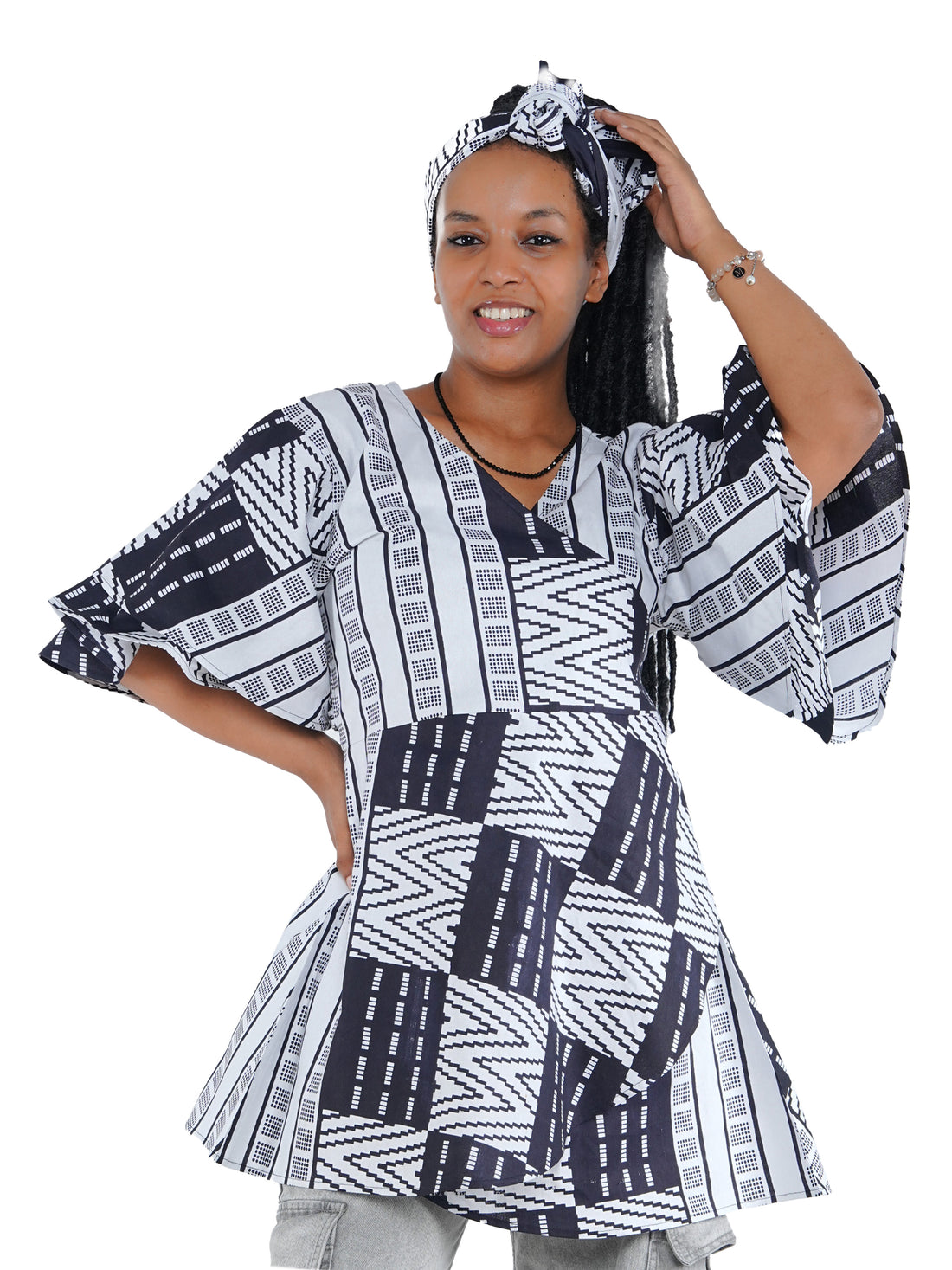 Woman wearing African print wrap top with 3/4 sleeves double layered – cotton, one size,  – Ankara inspired