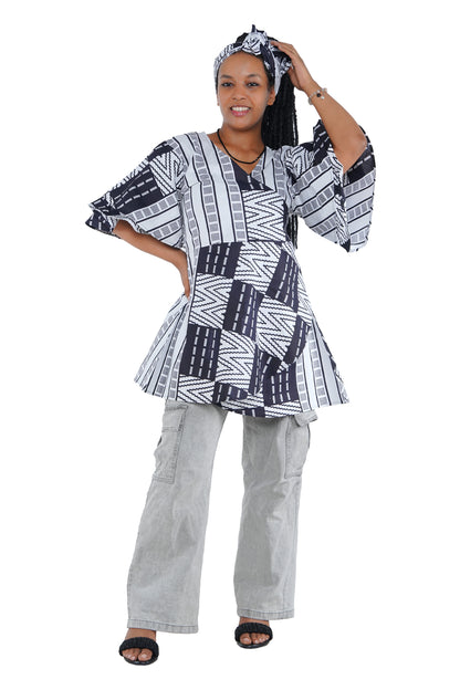 Woman wearing African print wrap top with 3/4 sleeves double layered – cotton, one size,  – Ankara inspired