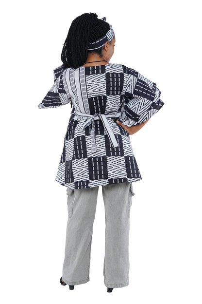 Woman wearing African print wrap top with 3/4 sleeves double layered – cotton, one size,  – Ankara inspired