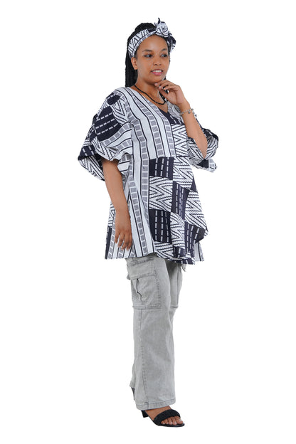 Woman wearing African print wrap top with 3/4 sleeves double layered – cotton, one size,  – Ankara inspired