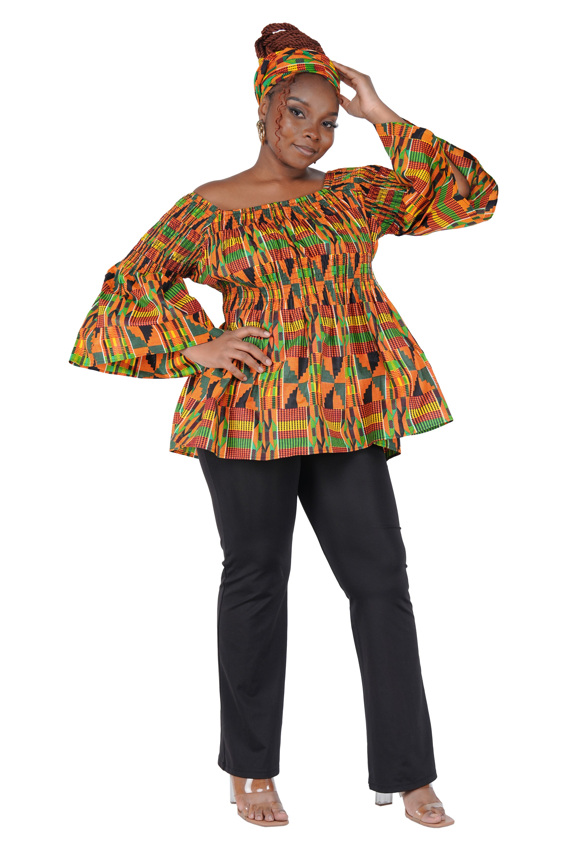 African Smocked Peplum Blouse–One Size,3/4 Sleeve,Ankara Top,Same Day Shipping