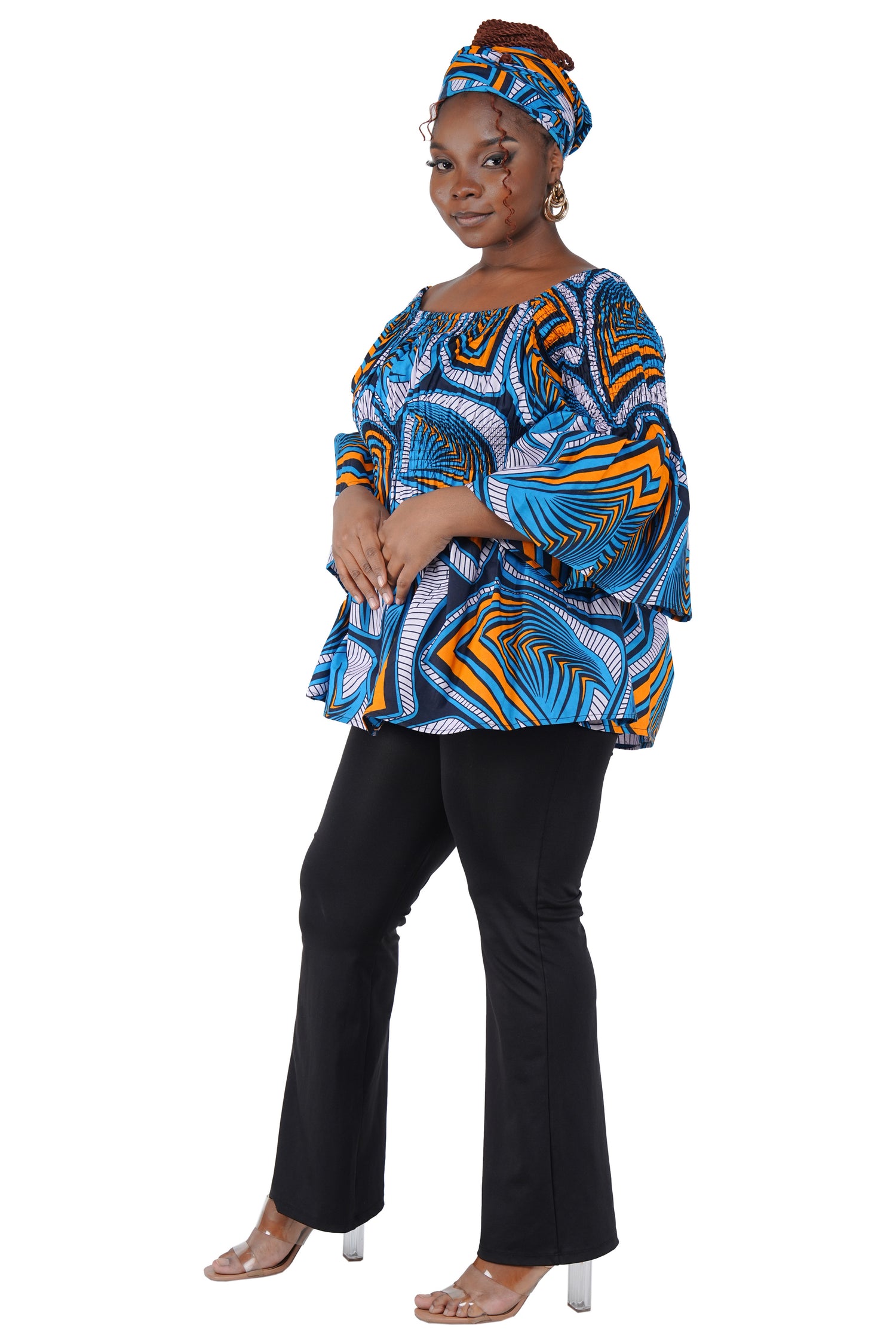 African Smocked Peplum Blouse–One Size,3/4 Sleeve,Ankara Top,Same Day Shipping