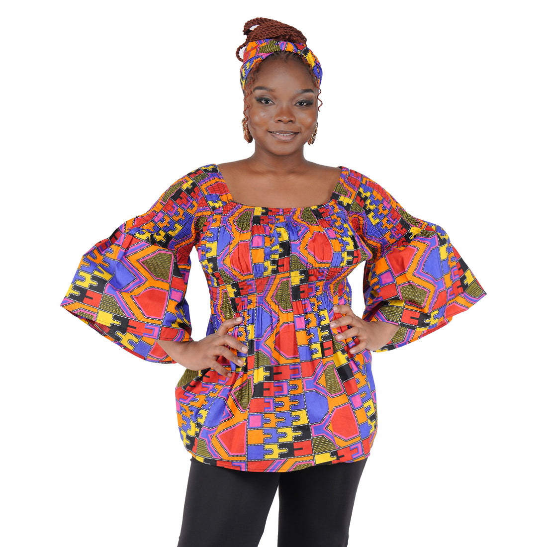African Smocked Peplum Blouse–One Size,3/4 Sleeve,Ankara Top,Same Day Shipping