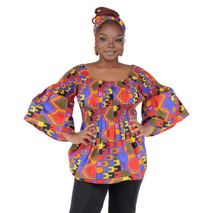 African Smocked Peplum Blouse–One Size,3/4 Sleeve,Ankara Top,Same Day Shipping