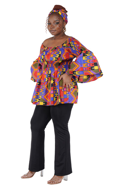 African Smocked Peplum Blouse–One Size,3/4 Sleeve,Ankara Top,Same Day Shipping
