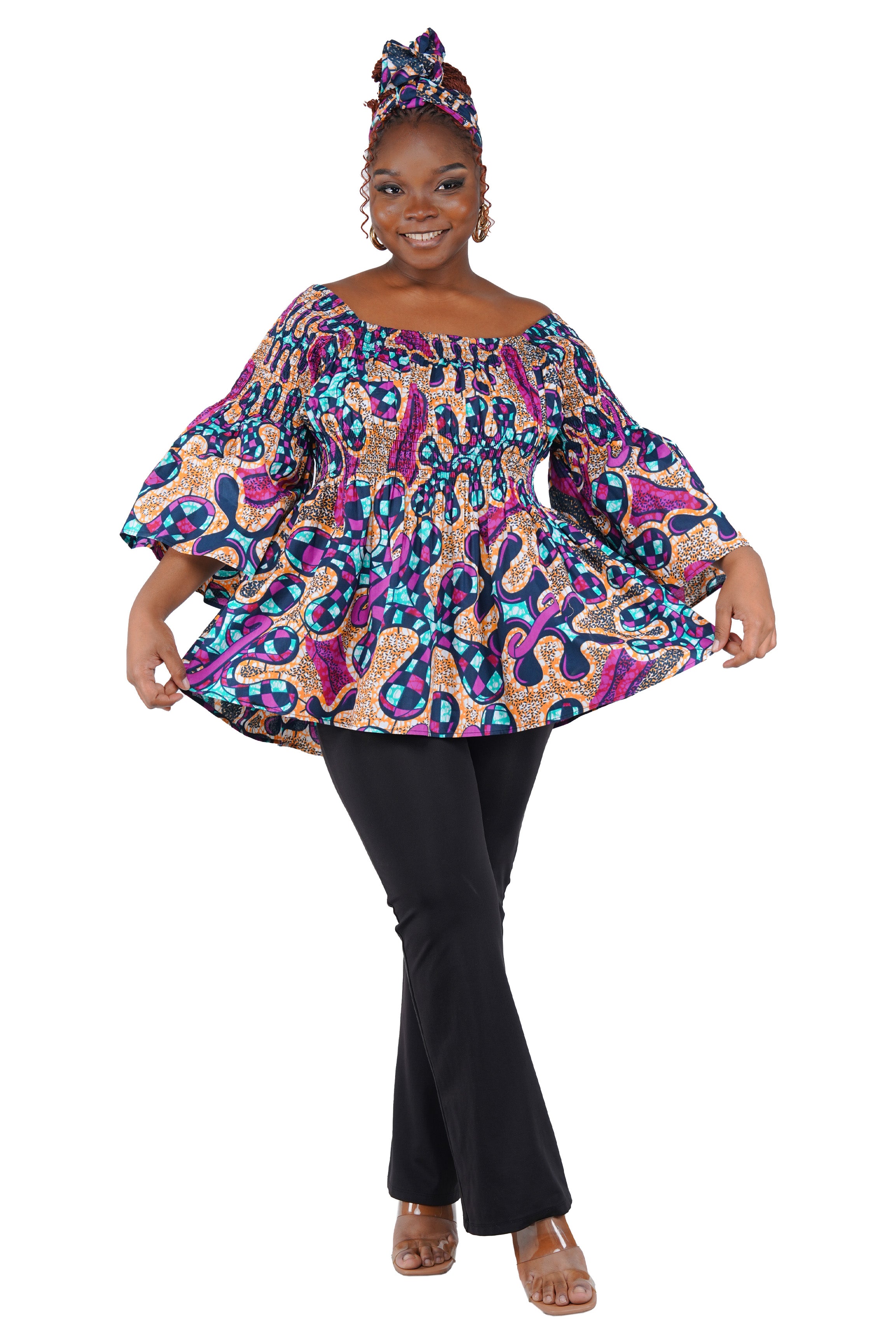 African Smocked Peplum Blouse–One Size,3/4 Sleeve,Ankara Top,Same Day Shipping