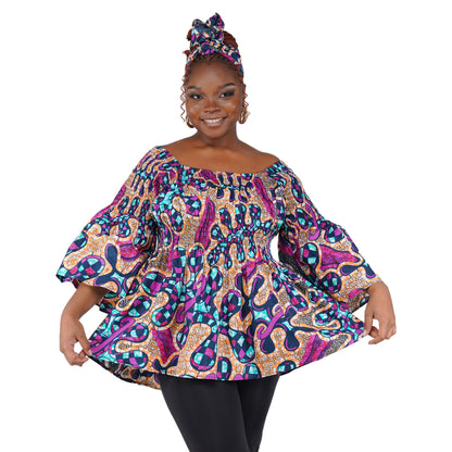 African Smocked Peplum Blouse–One Size,3/4 Sleeve,Ankara Top,Same Day Shipping