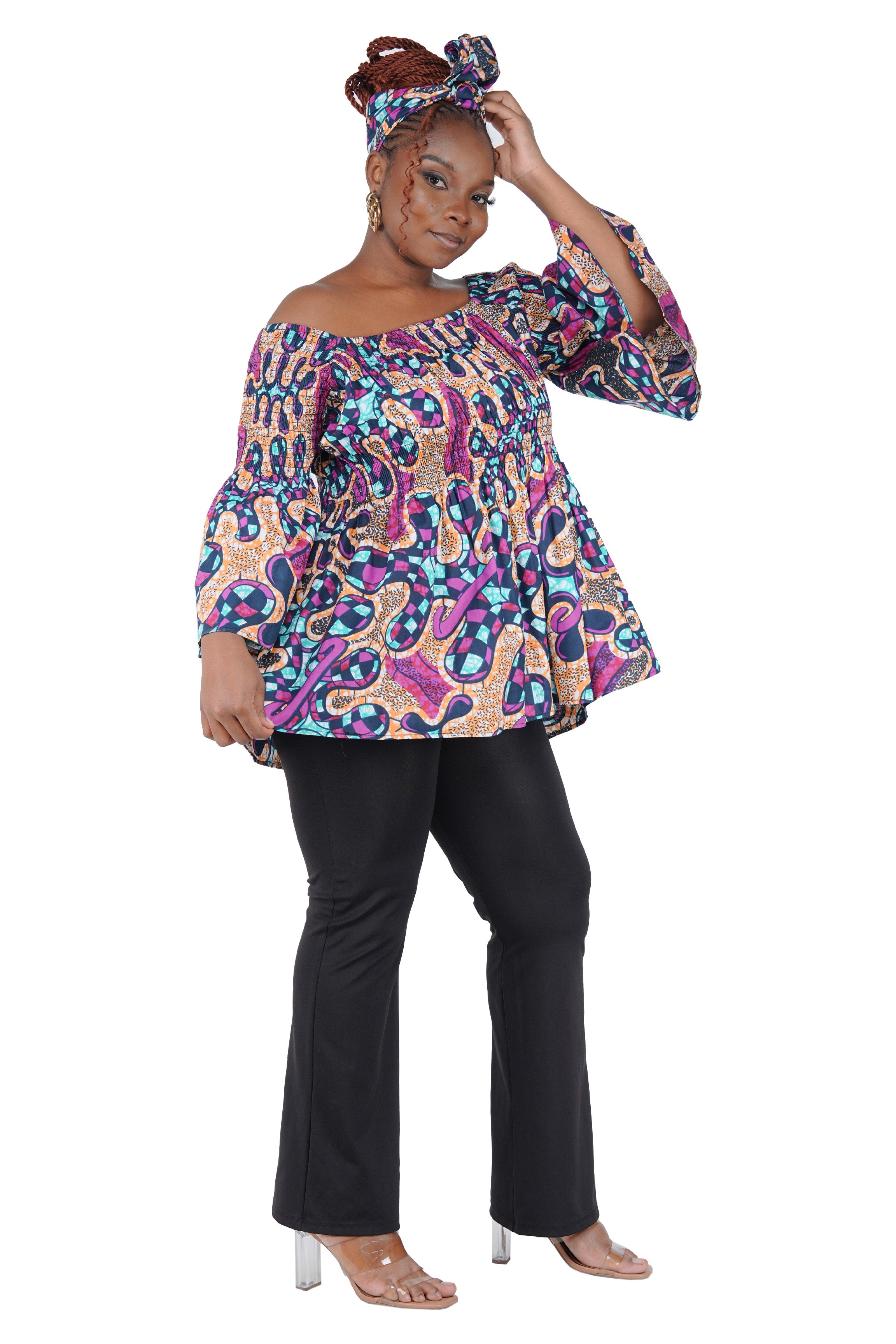 African Smocked Peplum Blouse–One Size,3/4 Sleeve,Ankara Top,Same Day Shipping