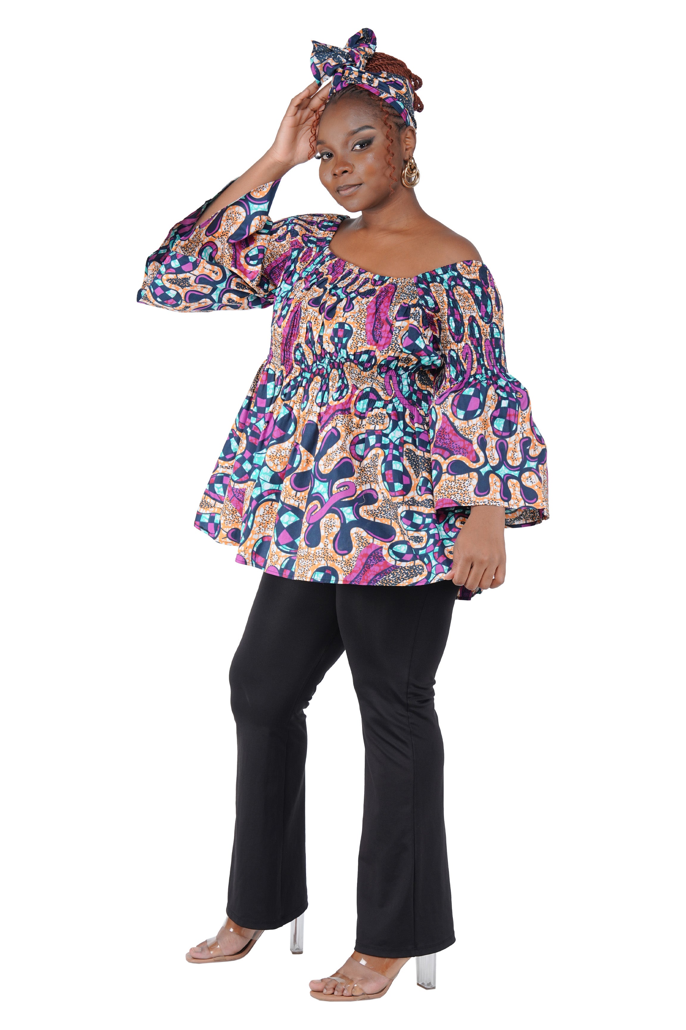 African Smocked Peplum Blouse–One Size,3/4 Sleeve,Ankara Top,Same Day Shipping