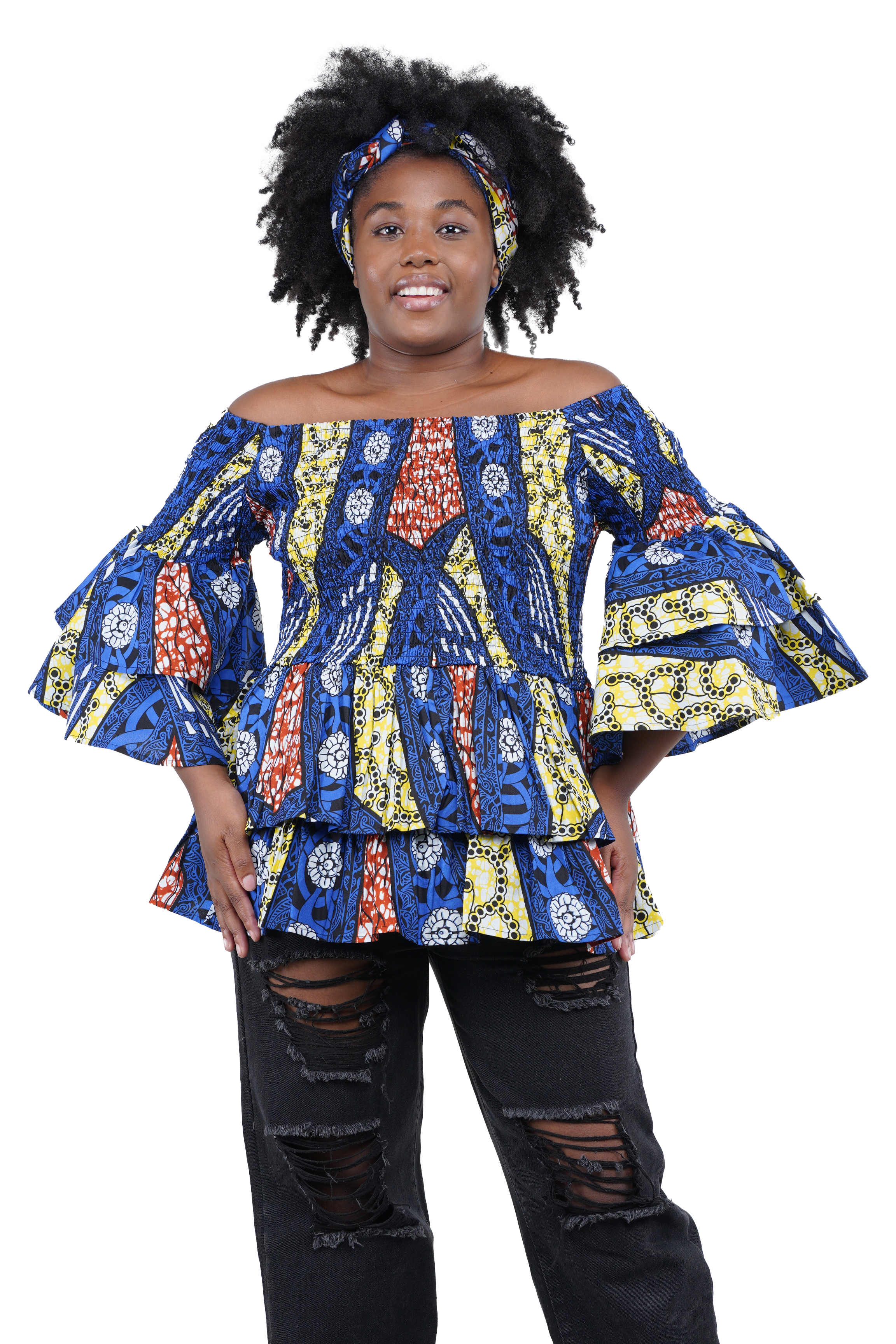 African Smocked Off Shoulder Blouse, Dashiki Afrocentric Attire, 100% Cotton