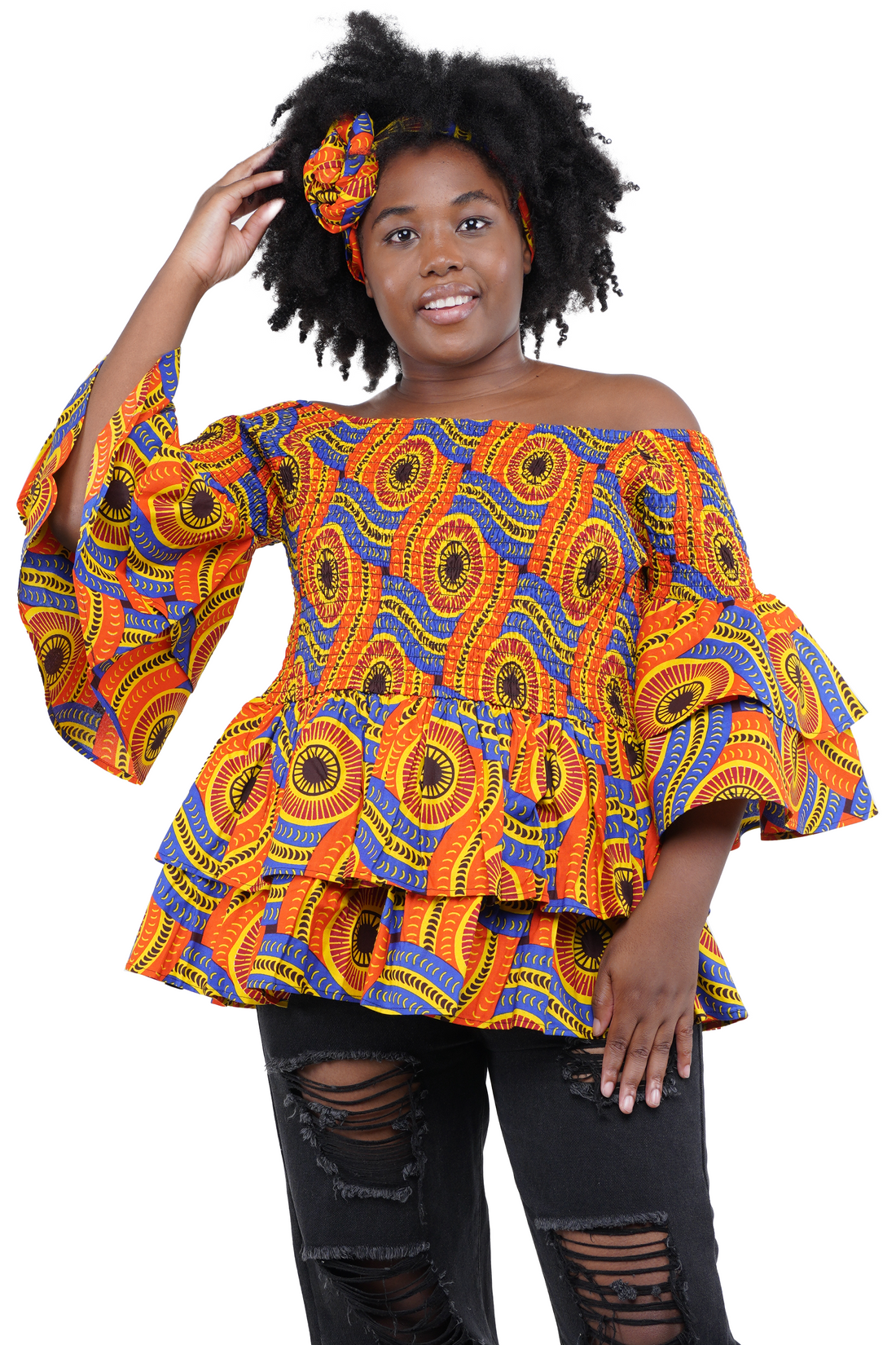 African Smocked Off Shoulder Blouse, Dashiki Afrocentric Attire, 100% Cotton