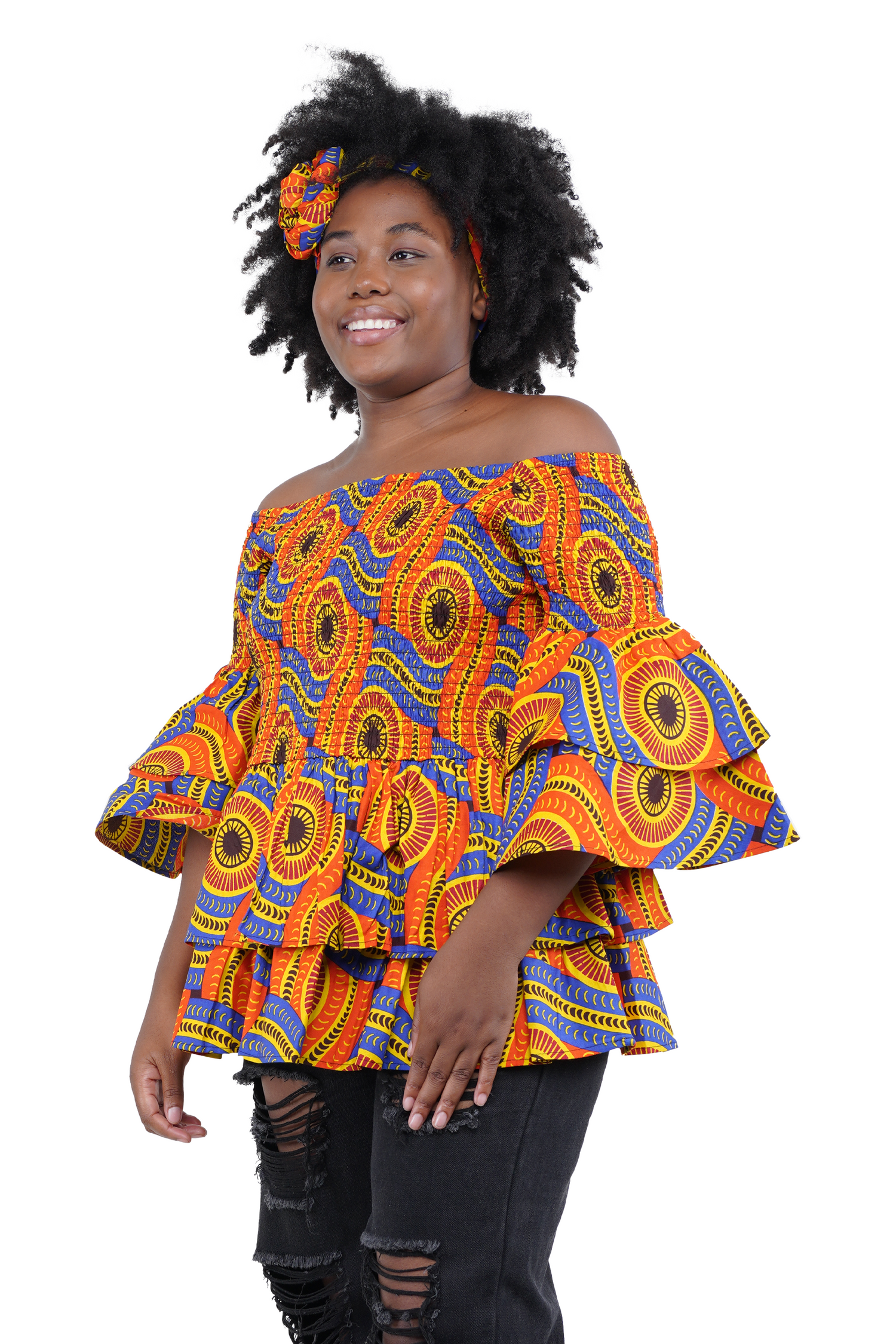 African Smocked Off Shoulder Blouse, Dashiki Afrocentric Attire, 100% Cotton