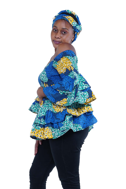African Smocked Off Shoulder Blouse, Dashiki Afrocentric Attire, 100% Cotton
