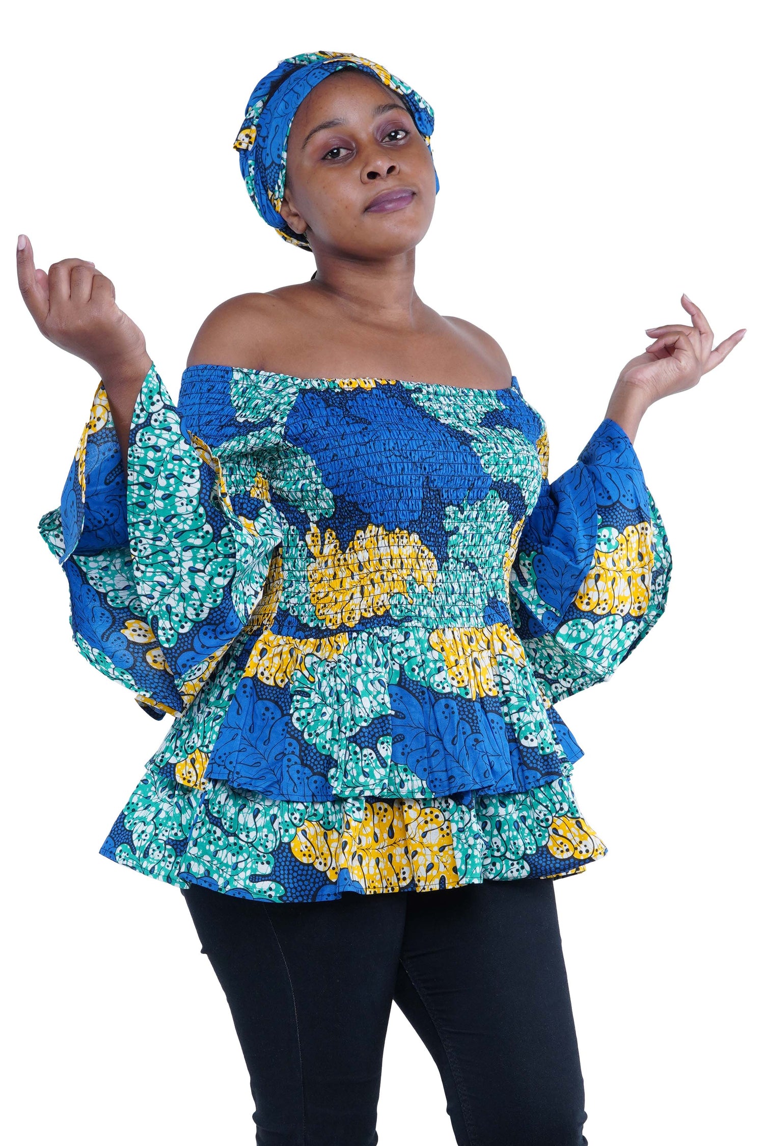 African Smocked Off Shoulder Blouse, Dashiki Afrocentric Attire, 100% Cotton