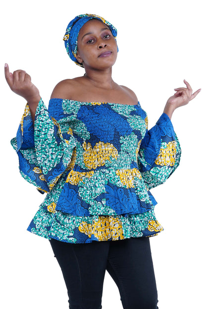 African Smocked Off Shoulder Blouse, Dashiki Afrocentric Attire, 100% Cotton