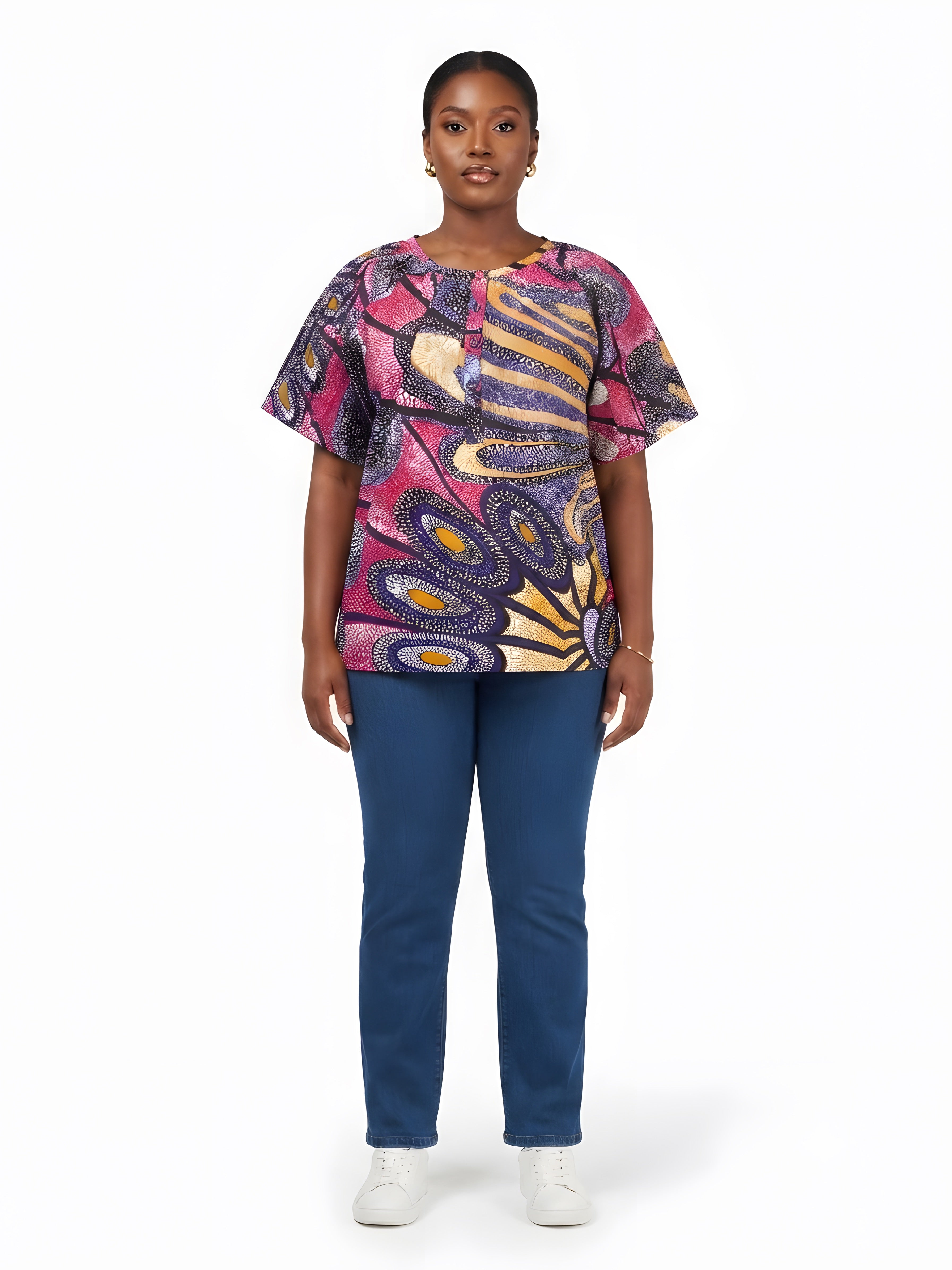 Women’s Button-Front Short Sleeve Top – One Size &amp; Plus Size