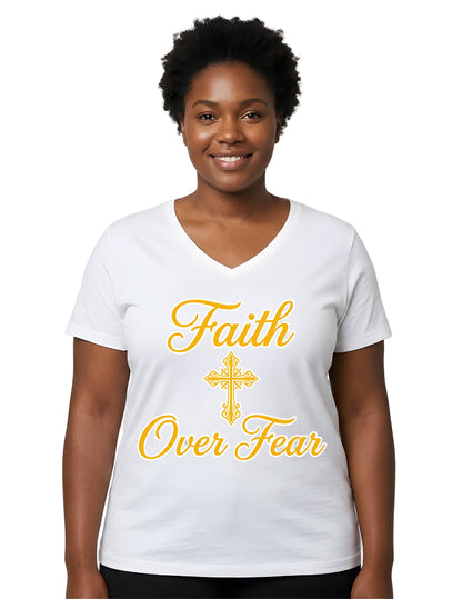 Faith Over Fear Graphic V-Neck T-Shirt for Women