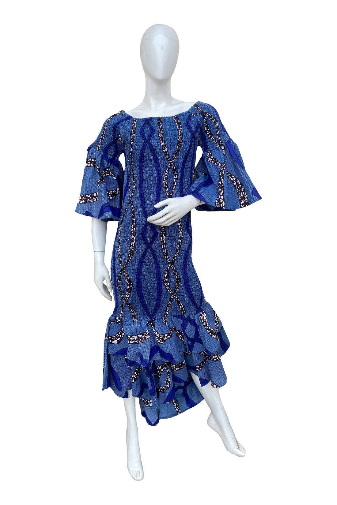 African high low mermaid dress with fishtail hem and headwrap

Stretch cotton smocked bodice African dress floor length

Afrocentric long fishtail dress one size fits most