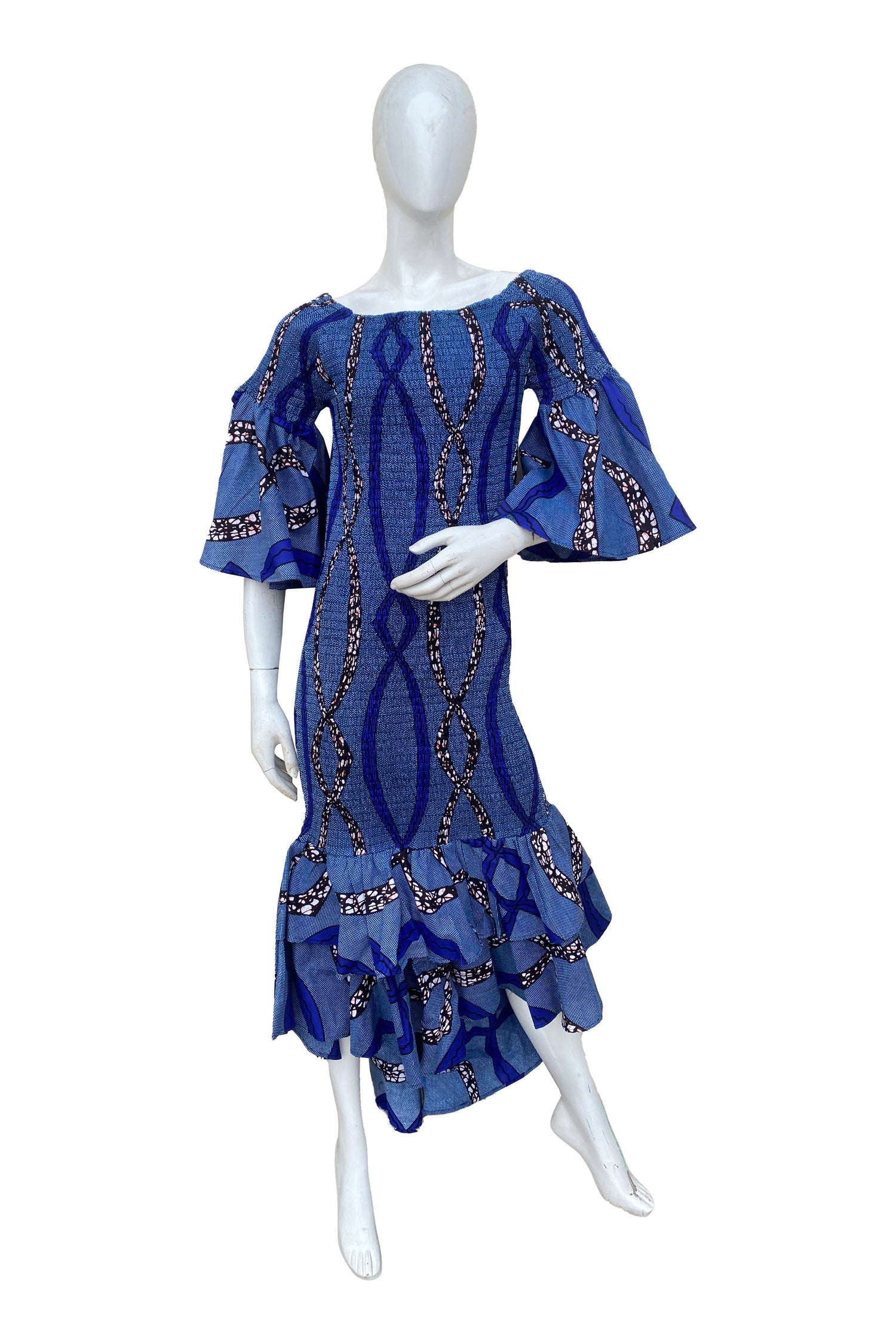 African high low mermaid dress with fishtail hem and headwrap

Stretch cotton smocked bodice African dress floor length

Afrocentric long fishtail dress one size fits most