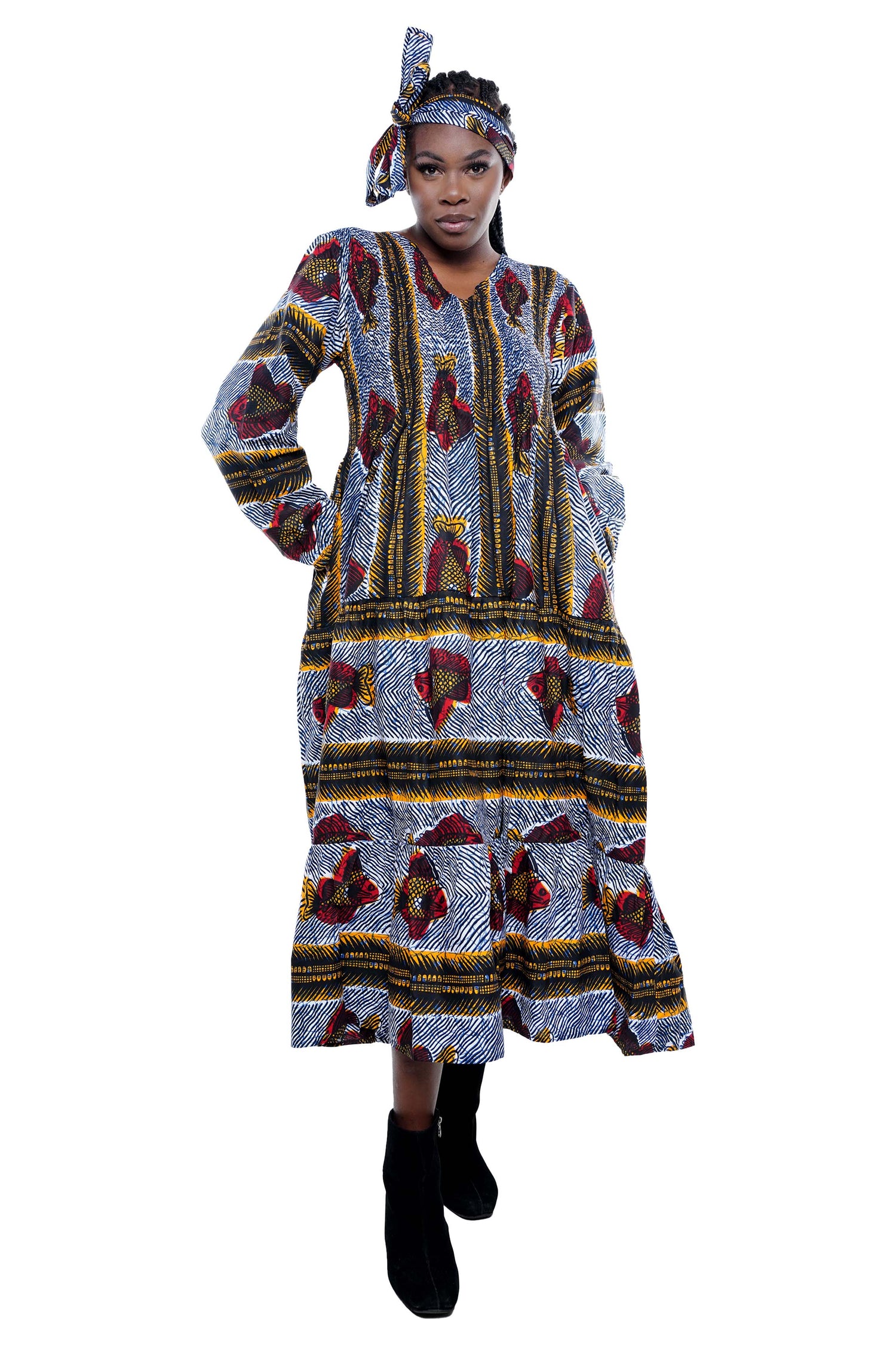 African smocked maxi tiered dress with long sleeves and headwrap

Cotton V-neck African maxi dress with pockets

Afrocentric long sleeve tiered dress one size fits most

African dresses for women