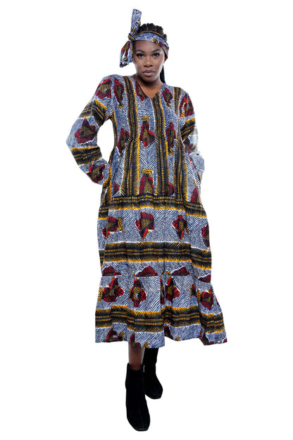 African smocked maxi tiered dress with long sleeves and headwrap

Cotton V-neck African maxi dress with pockets

Afrocentric long sleeve tiered dress one size fits most

African dresses for women