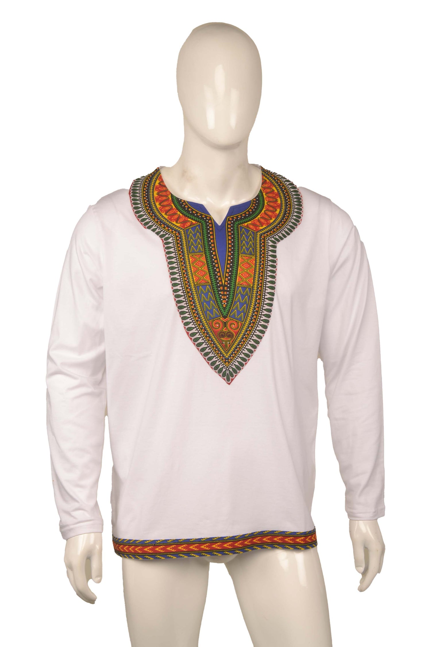 African Trim Long Sleeve T-Shirt for Men – 100% Cotton Dashiki Patch Top, African Clothing, Casual Ethnic Wear, Same Day Shipping