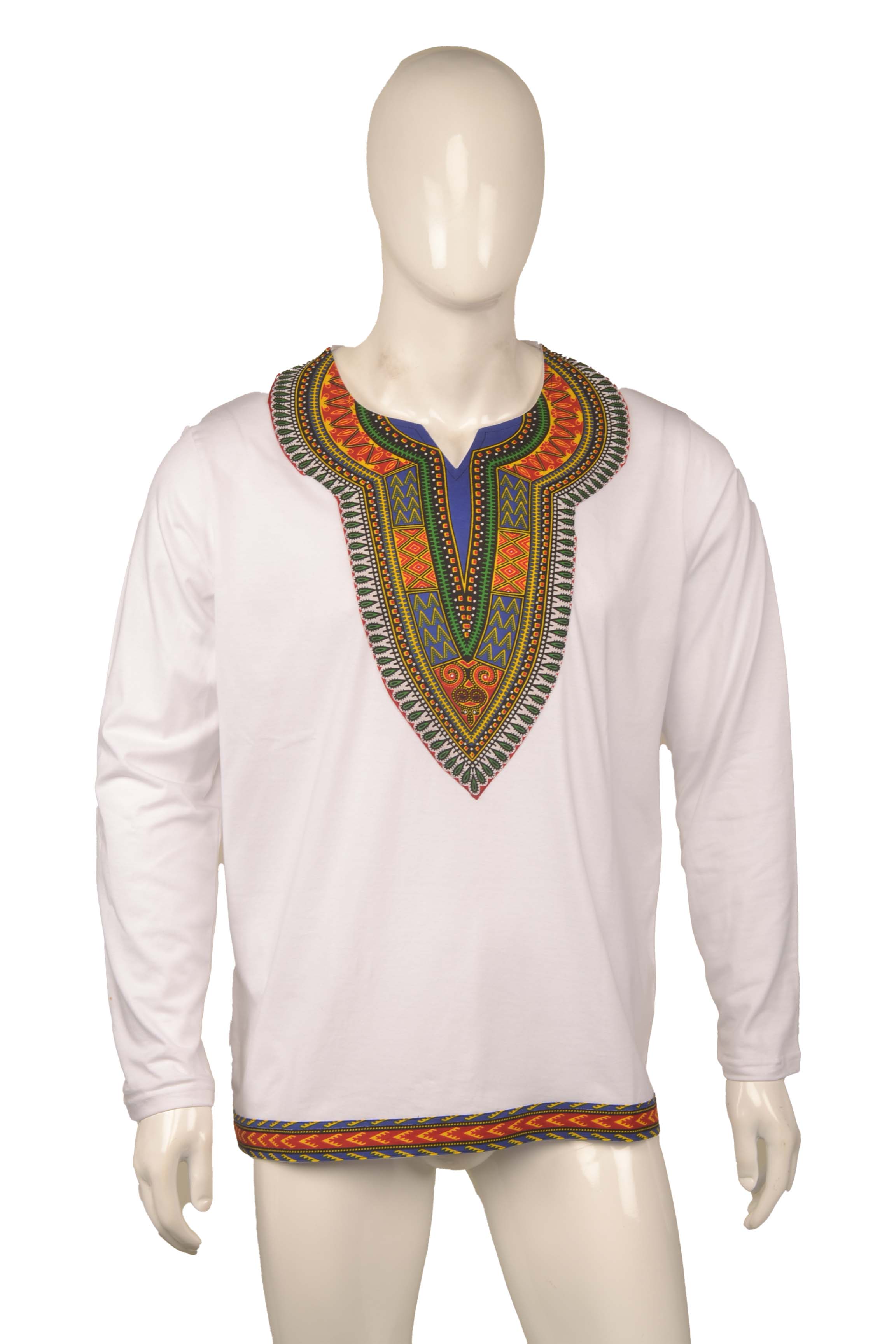 African Trim Long Sleeve T-Shirt for Men – 100% Cotton Dashiki Patch Top, African Clothing, Casual Ethnic Wear, Same Day Shipping