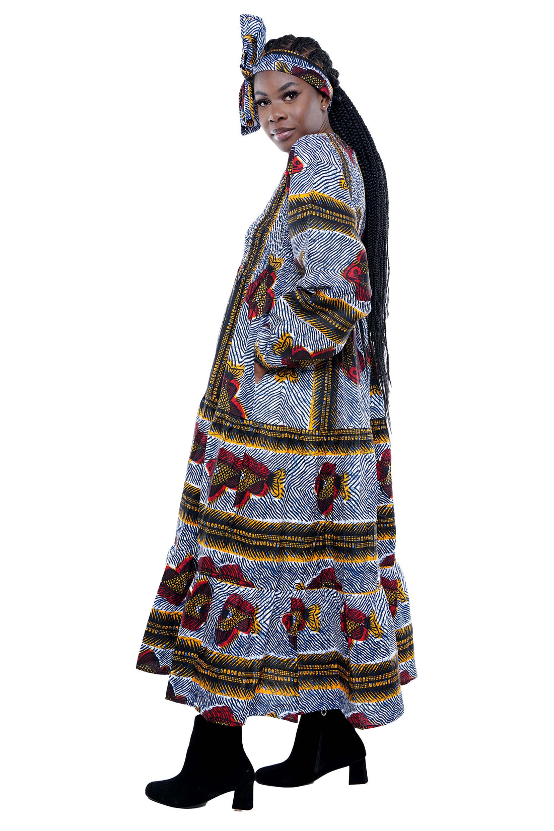 African smocked maxi tiered dress with long sleeves and headwrap

Cotton V-neck African maxi dress with pockets

Afrocentric long sleeve tiered dress one size fits most

African dresses for women