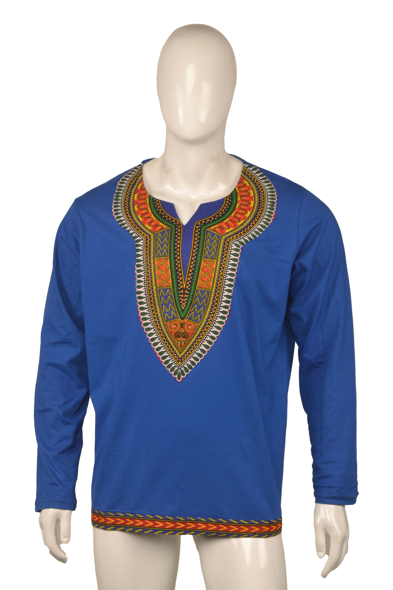 African Trim Long Sleeve T-Shirt for Men – 100% Cotton Dashiki Patch Top, African Clothing, Casual Ethnic Wear, Same Day Shipping