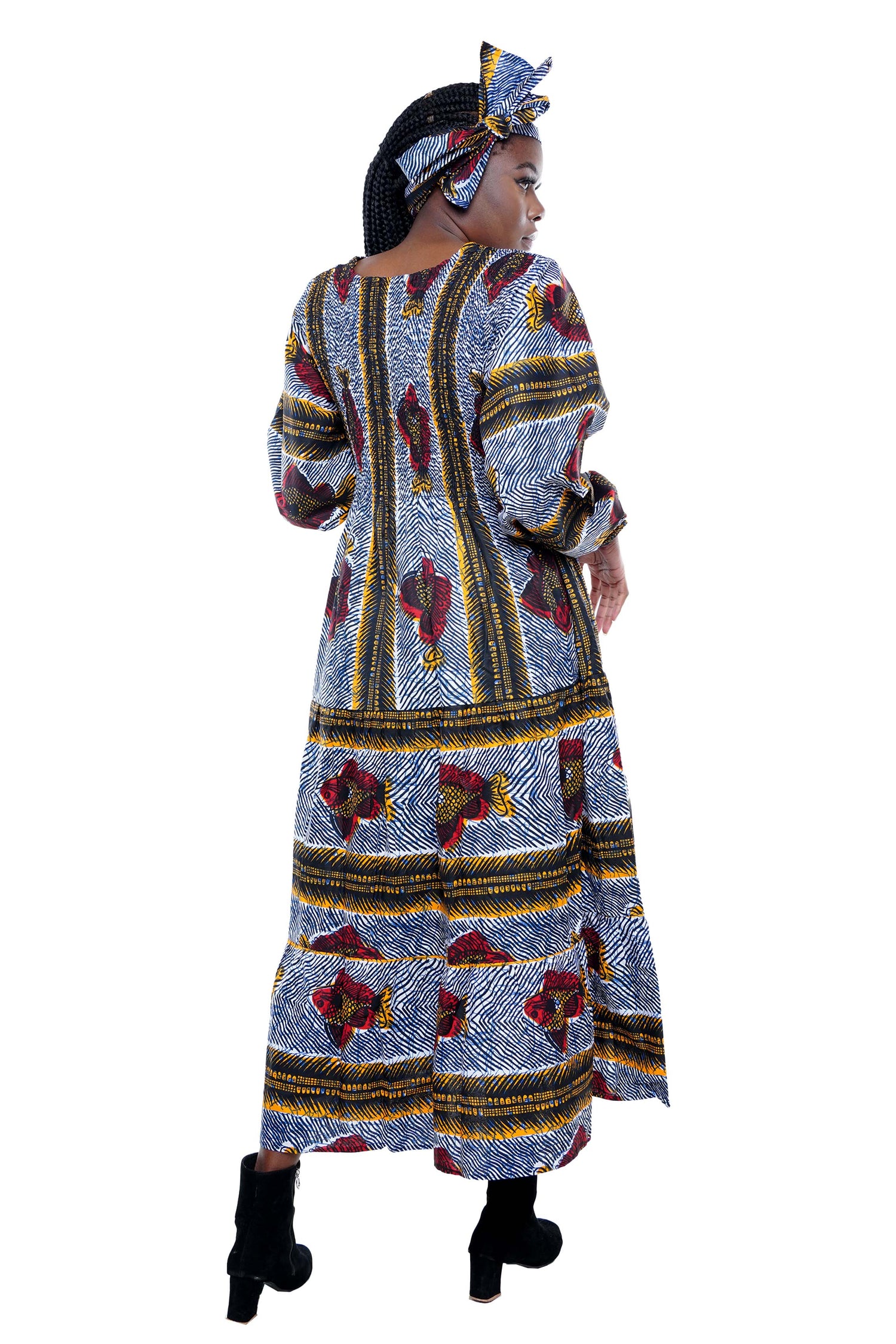 African smocked maxi tiered dress with long sleeves and headwrap

Cotton V-neck African maxi dress with pockets

Afrocentric long sleeve tiered dress one size fits most

African dresses for women