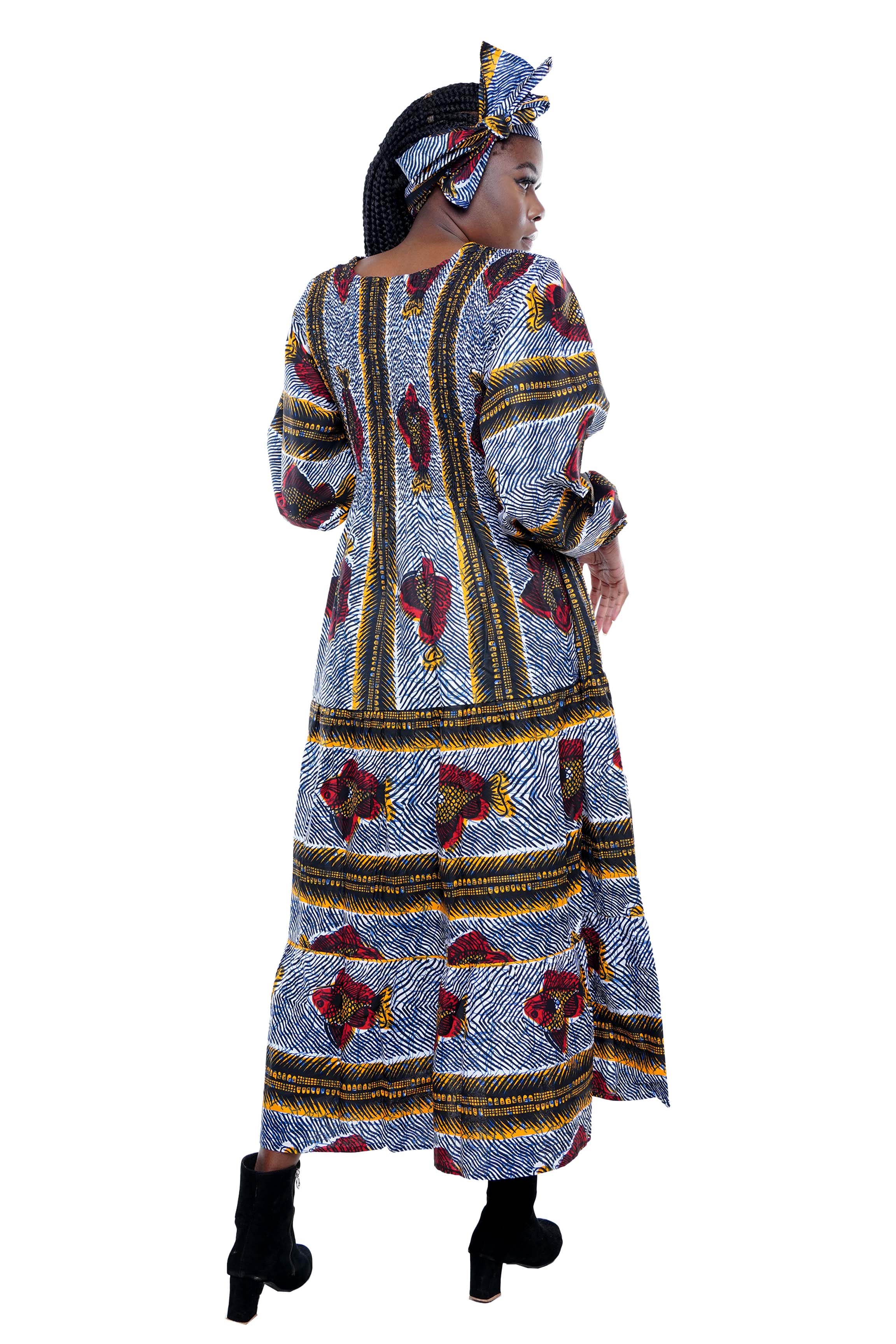 African smocked maxi tiered dress with long sleeves and headwrap

Cotton V-neck African maxi dress with pockets

Afrocentric long sleeve tiered dress one size fits most

African dresses for women