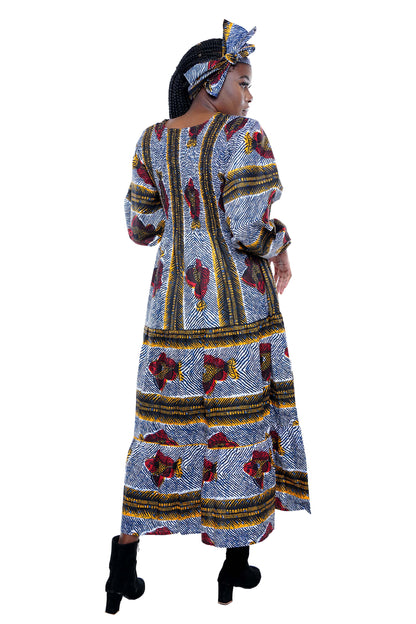 African smocked maxi tiered dress with long sleeves and headwrap

Cotton V-neck African maxi dress with pockets

Afrocentric long sleeve tiered dress one size fits most

African dresses for women