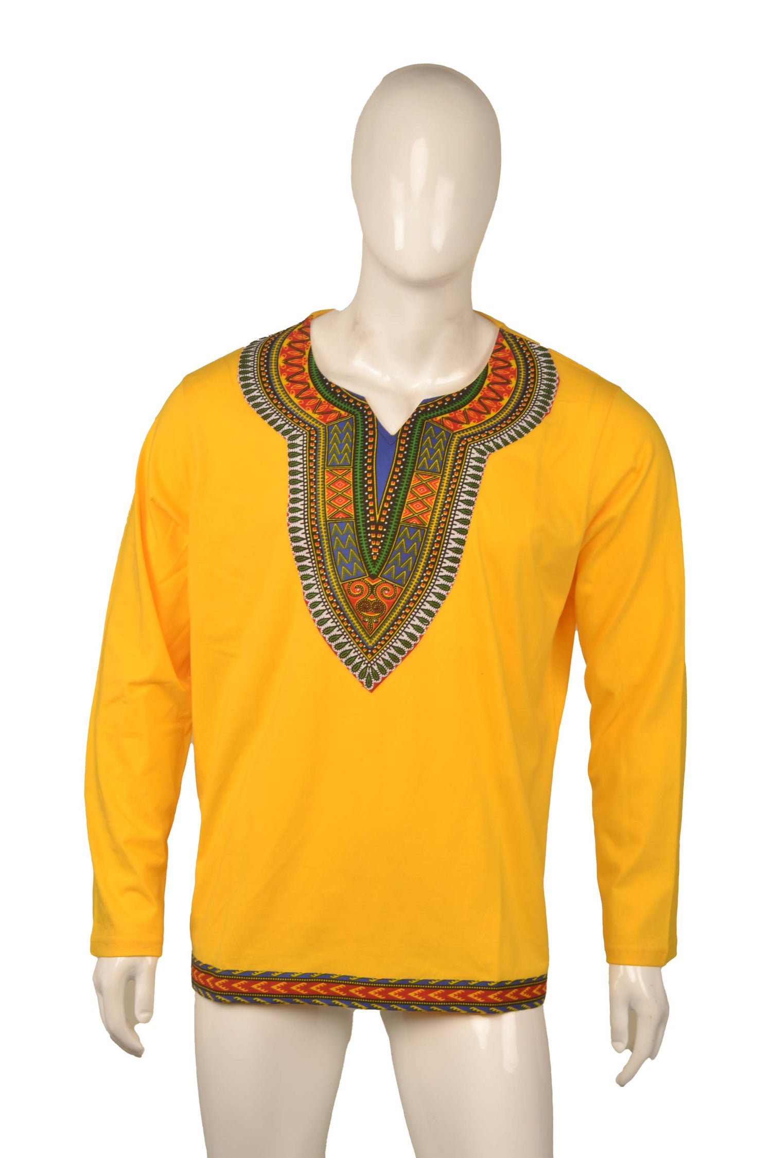 African Trim Long Sleeve T-Shirt for Men – 100% Cotton Dashiki Patch Top, African Clothing, Casual Ethnic Wear, Same Day Shipping