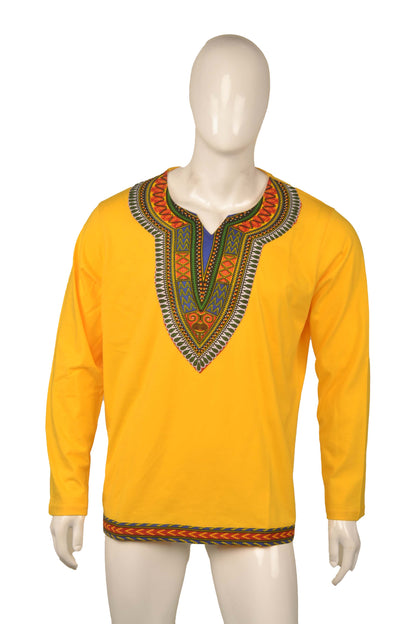 African Trim Long Sleeve T-Shirt for Men – 100% Cotton Dashiki Patch Top, African Clothing, Casual Ethnic Wear, Same Day Shipping