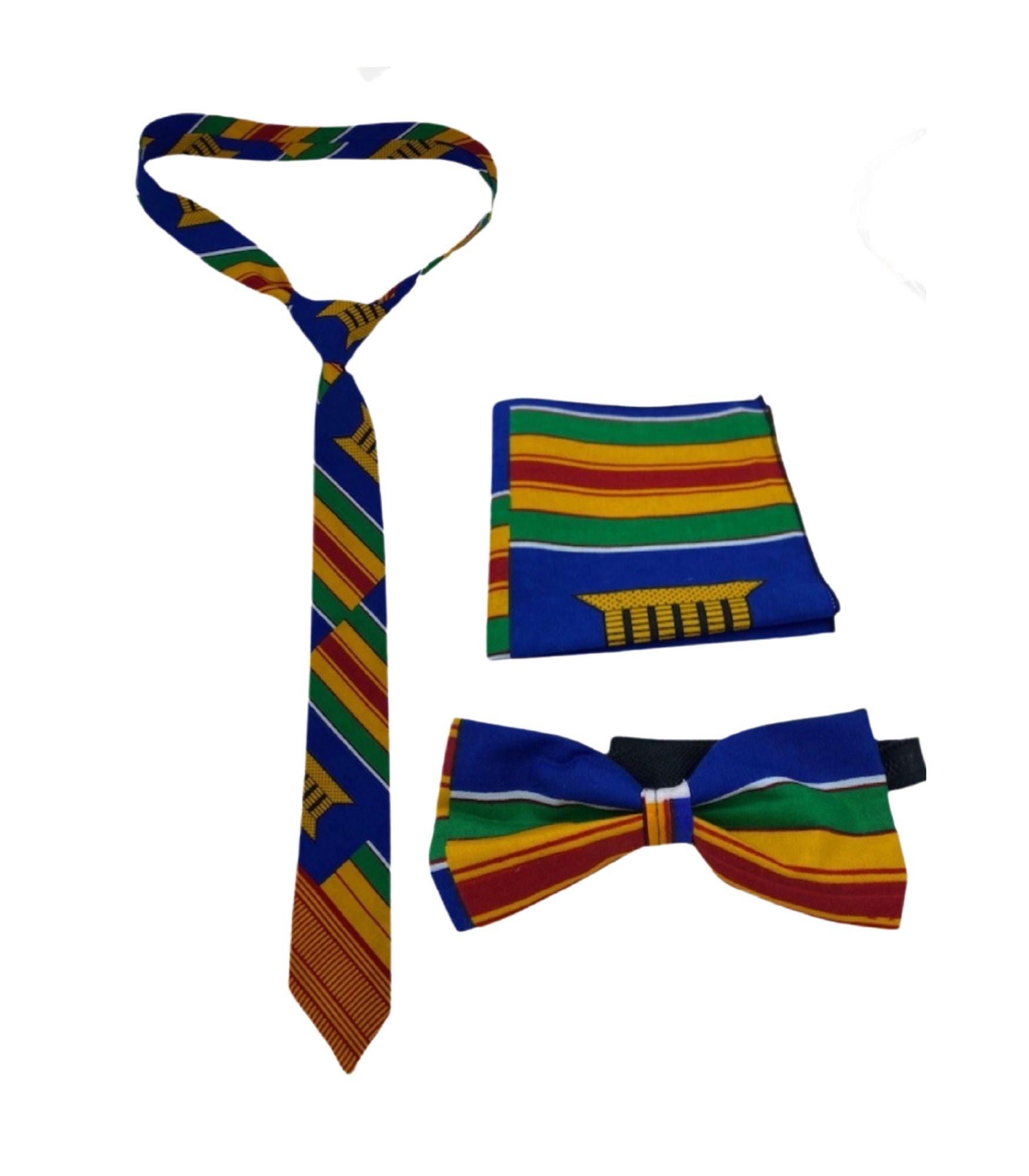 African Men’s Neck Tie, Bow Tie and Pocket Square Set in vibrant African print cotton