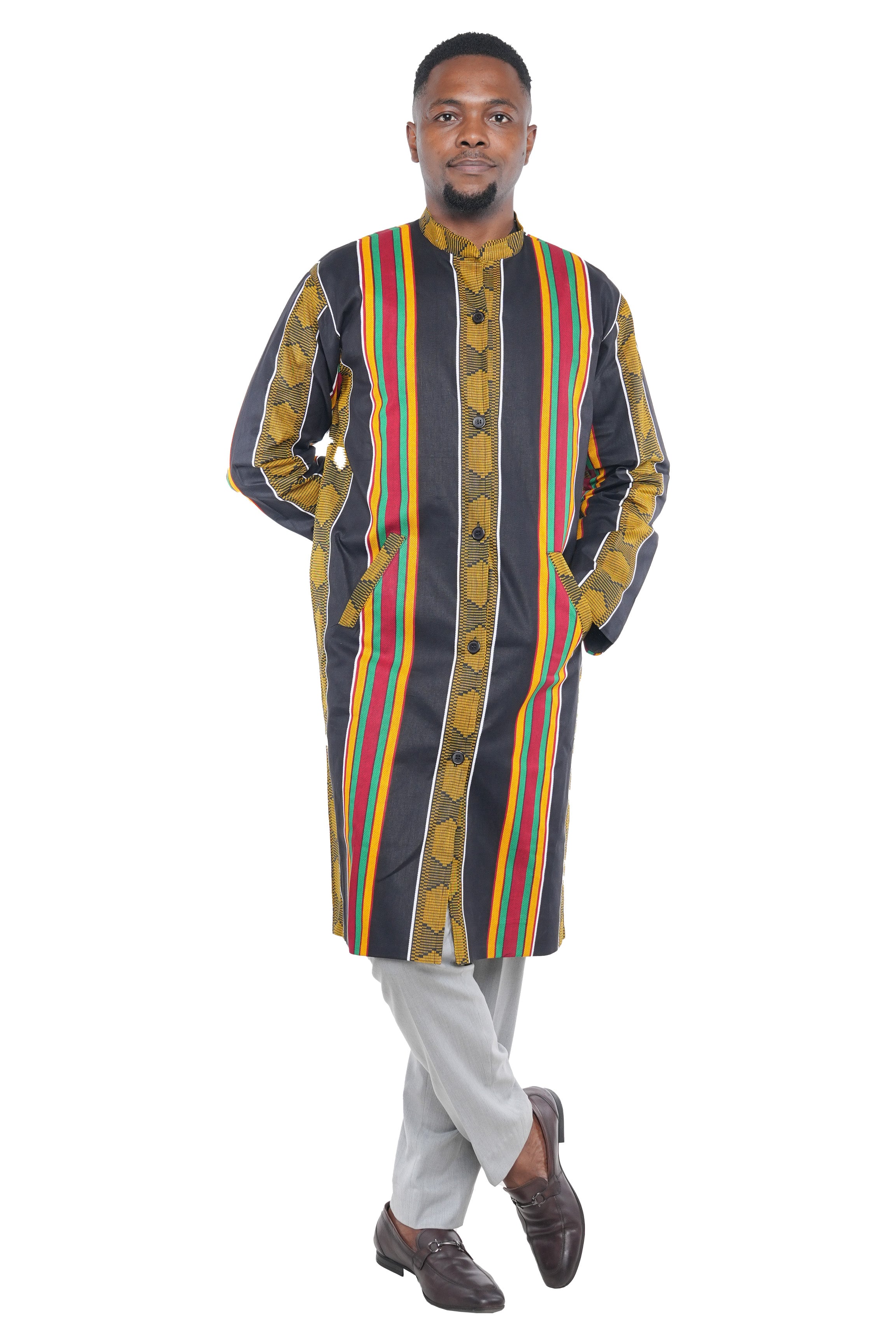 Long button-down African coat with pockets