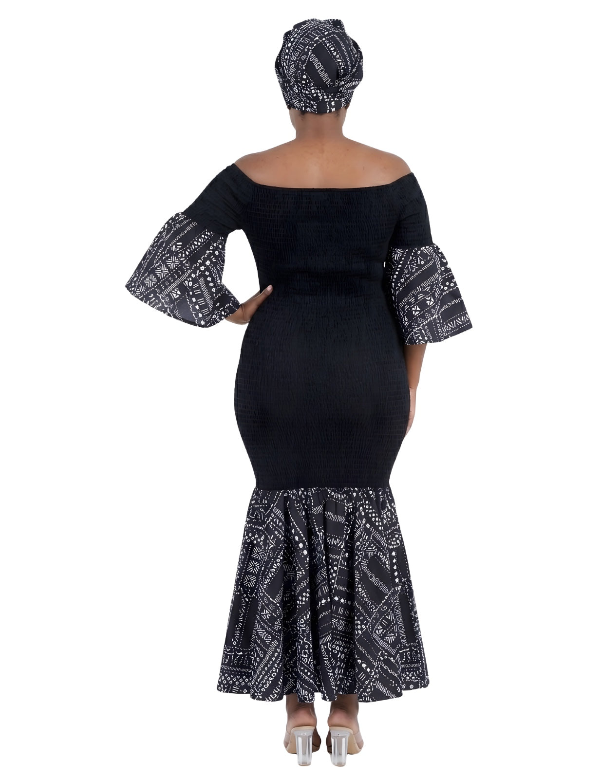 African Trim Black Long Smocked Mermaid/Fish Tail Dress | One Size &amp; Plus Size