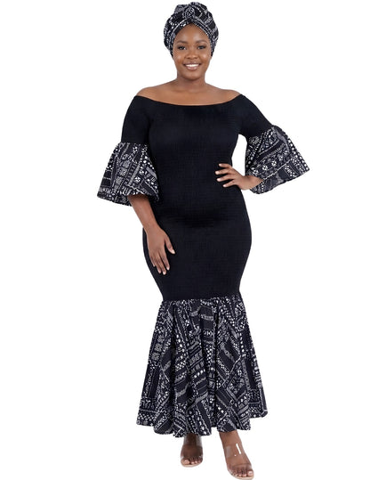 African Trim Black Long Smocked Mermaid/Fish Tail Dress | One Size &amp; Plus Size