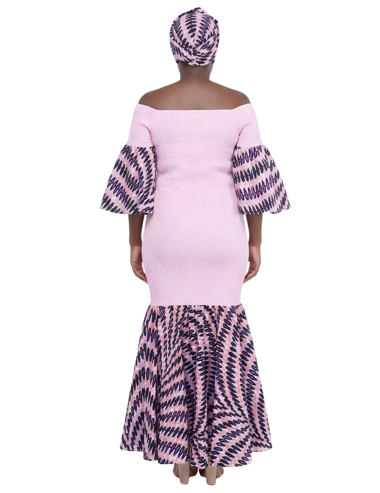 African Trim Pink Long Smocked Mermaid/Fish Tail Dress | One Size