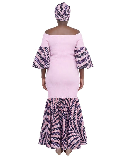African Trim Pink Long Smocked Mermaid/Fish Tail Dress | One Size