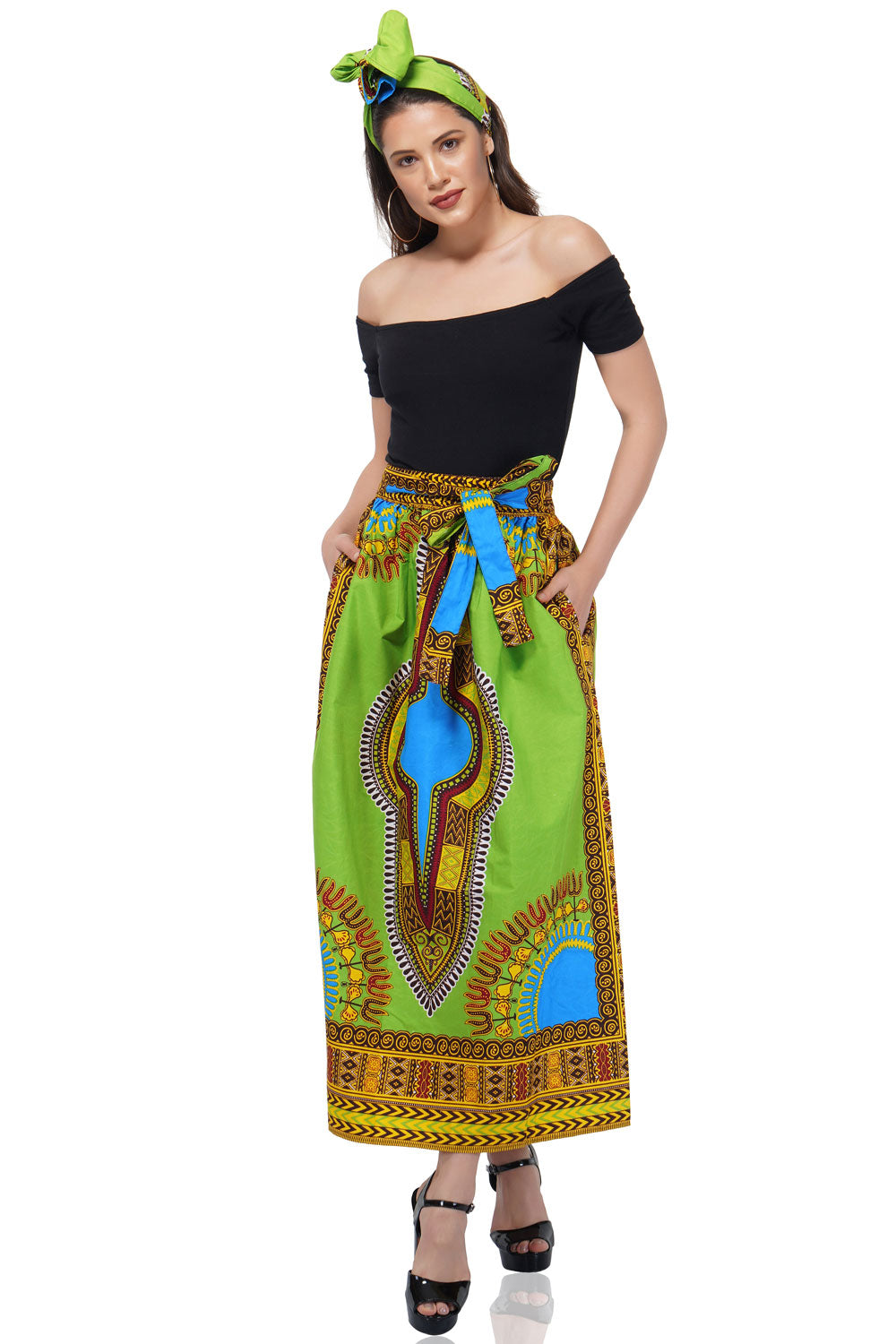 Green Dashiki Long Two Panel Skirt