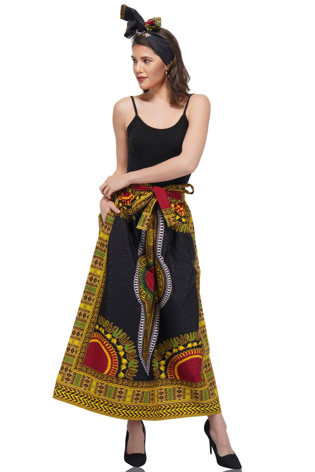 Black Dashiki Long Two Panel Skirt