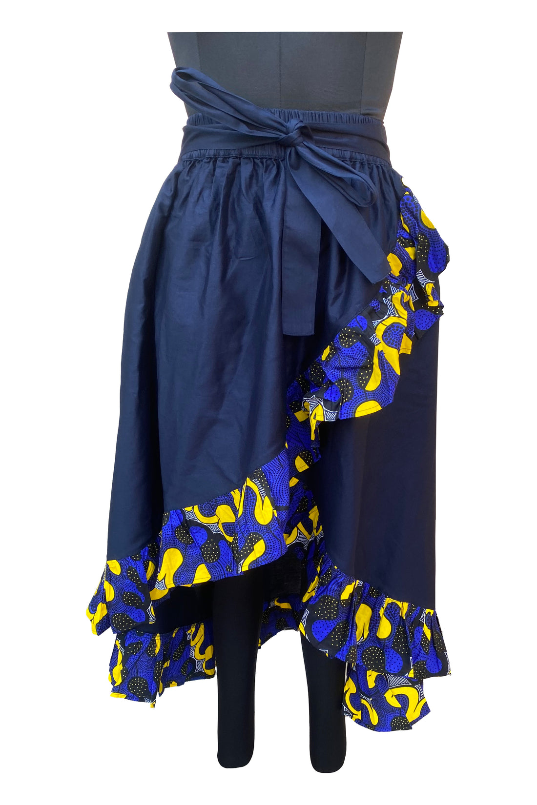 Navy Blue African Trim High Low Ruffled Skirt