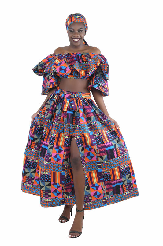 African Crop Top and Slit Skirt Set